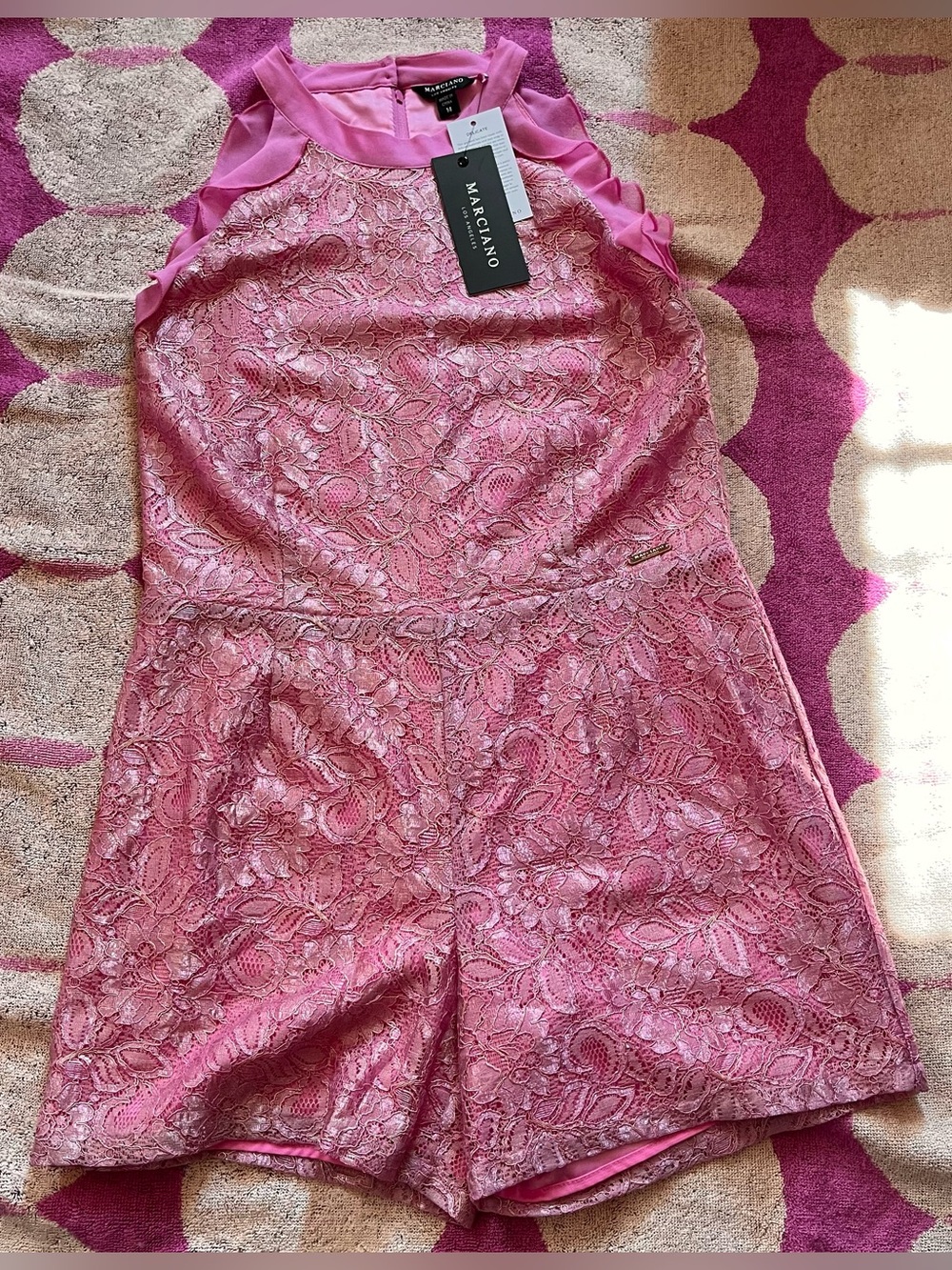 Marciano LA Girl's Pink Gold Foil Lace Romper